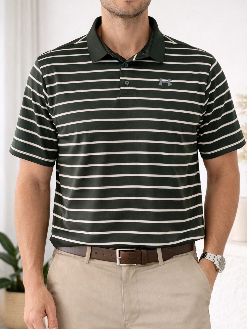 Under Armour HeatGear Polo XL Green Striped Golf Athletic Performance Shirt